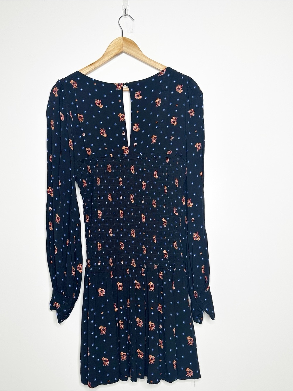 Free People Two Faces Smocked Mini Dress Black Floral Long Sleeve Large - Picture 3 of 9